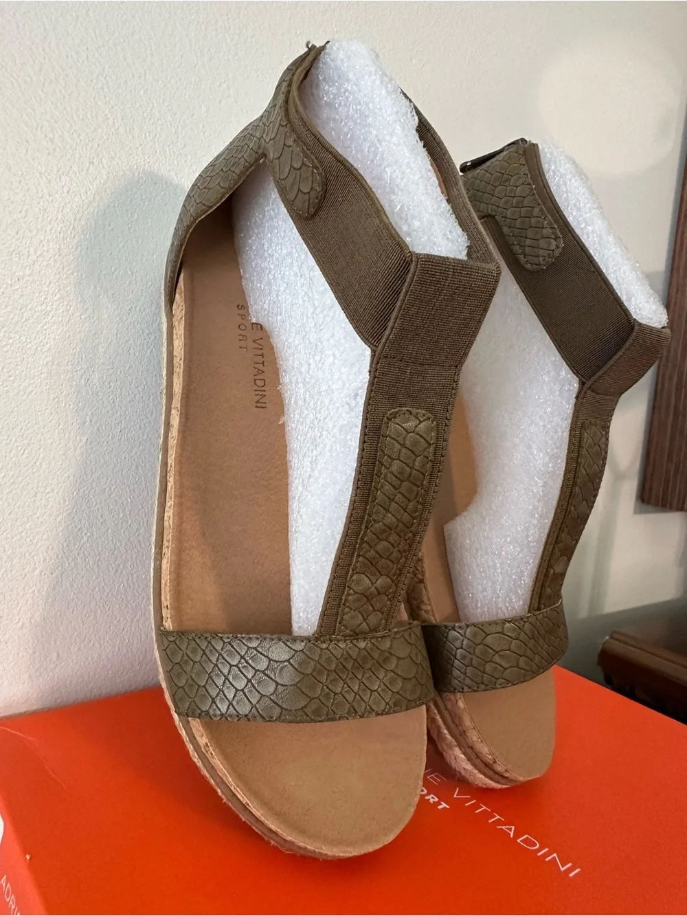 Adrienne Vittadini Olive Textured T-Strap Cork Platform Sandal